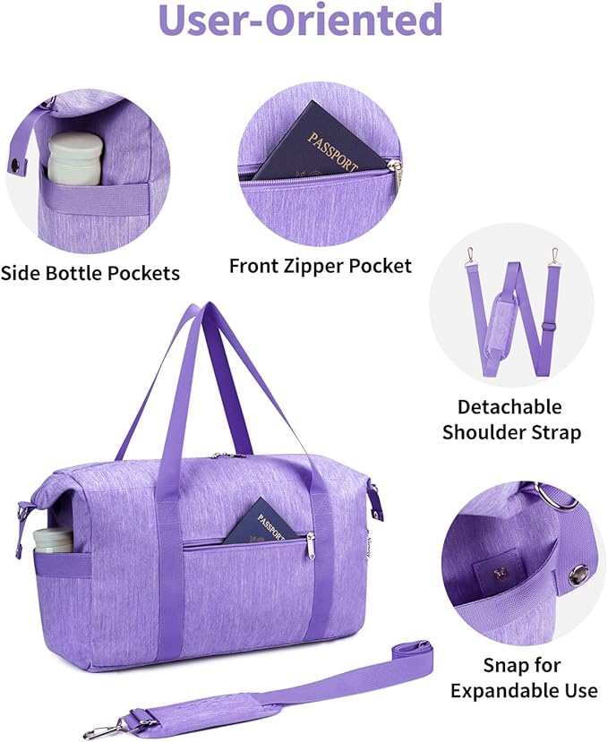 Narwey Carry on luaggage 22x14x9 Airlines Approved Foldable Carry on Bag Travel Duffel Packable Duffle with Wet Pocket Overnight for Women and Men 40L (Purple)