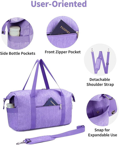Narwey Carry on luaggage 22x14x9 Airlines Approved Foldable Carry on Bag Travel Duffel Packable Duffle with Wet Pocket Overnight for Women and Men 40L (Purple)