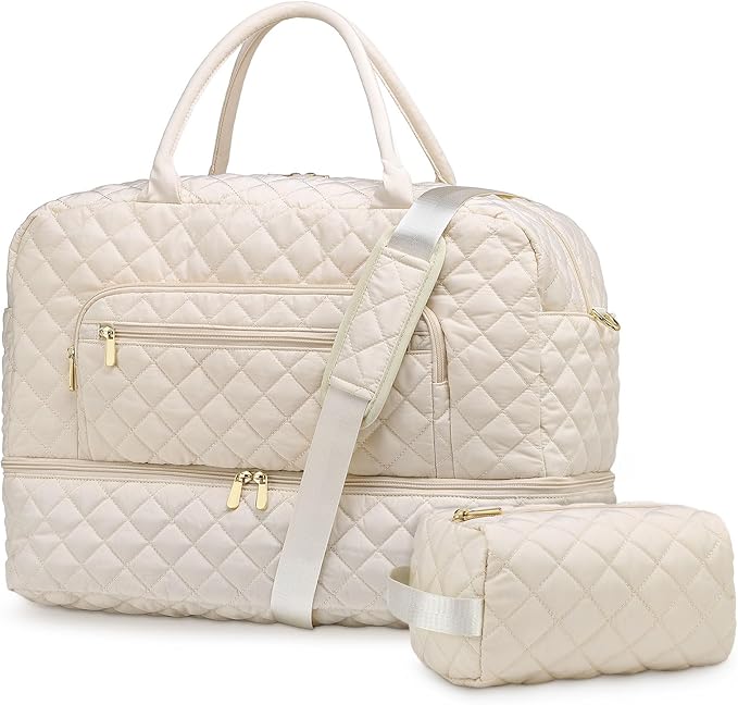 50L Large Travel Duffle Bag for Women, Weekender Overnight Bag W/Shoe Compartment+Wet Pocket+Toiletry Bag TSA Approved, Beige