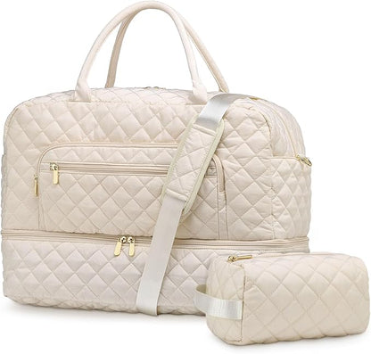 50L Large Travel Duffle Bag for Women, Weekender Overnight Bag W/Shoe Compartment+Wet Pocket+Toiletry Bag TSA Approved, Beige