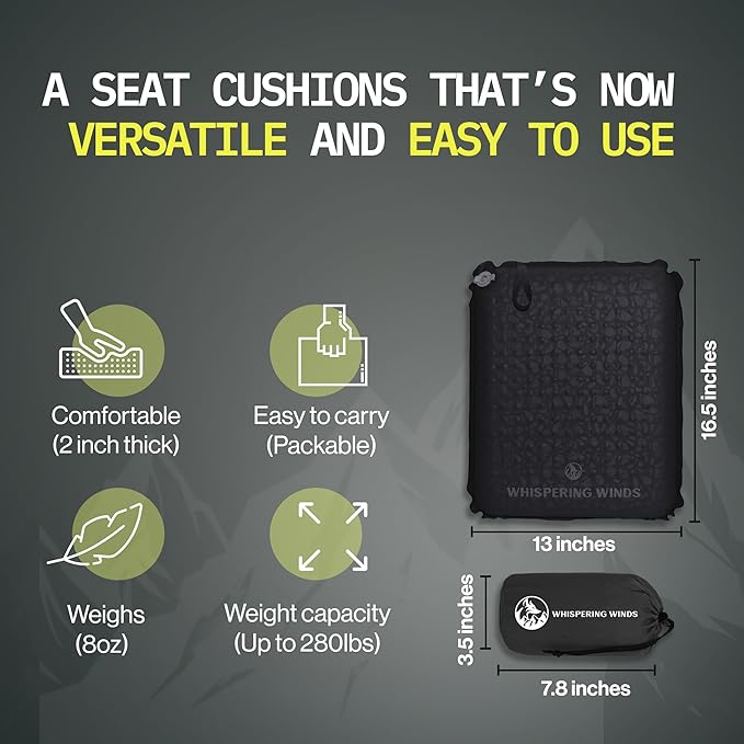 Whispering Winds Inflatable Seat Cushion - Comfortable Blow-up Foam Pad for Airplane, Travel, Stadium, Outdoors, Camping, Car & More
