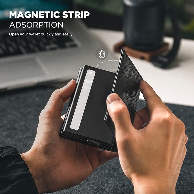 VULKIT Pop up Card Wallet Minimalist Cash Wallets RFID Blocking Leather Smart Credit Card Holder with ID window for Men(Cross Black)