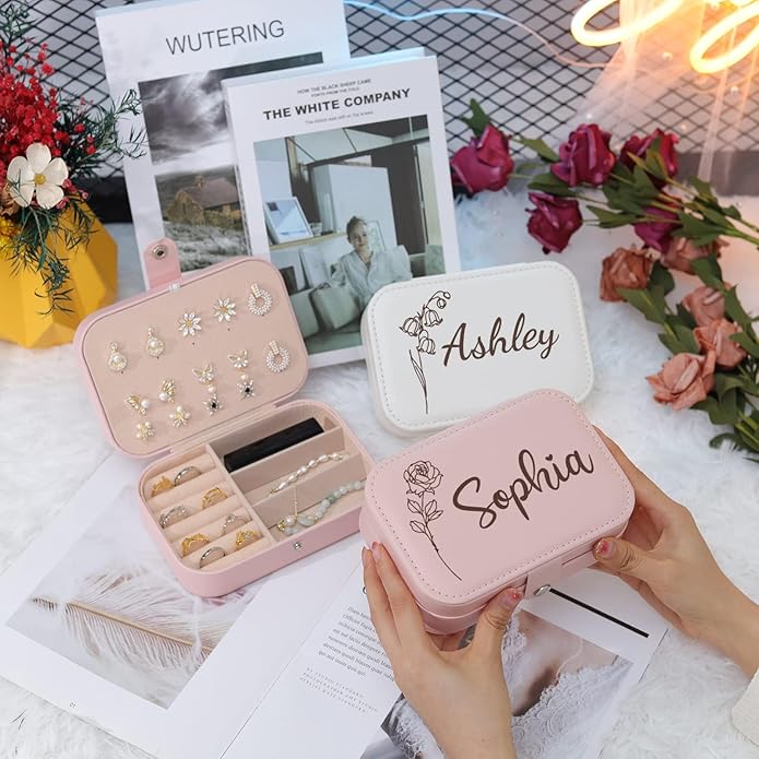 Personalized Jewelry Box for Women, Custom Travel Jewelry Case with Name and Birth Flower, Leather Jewelry Box for Rings, Earrings, Necklaces, Personalized Gifts for Women