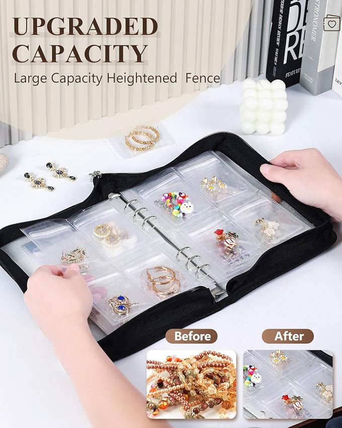 AOLEIXIYA Jewelry Organizer Book Clear Travel earring book organizer Transparent Jewelry Book with Zipper Pouch Bags (Black,With 80 PCS Small Jewelry Bags)
