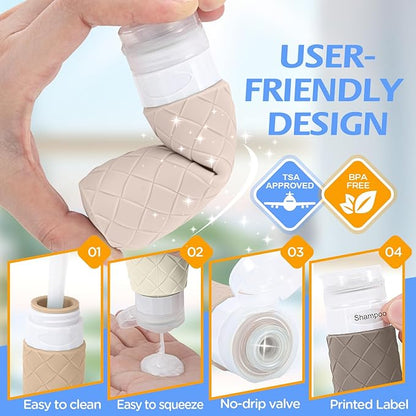16 Pack Travel Bottles for Toiletries, TSA Approved Travel Size Toiletries Containers Set, BPA-Free Silicone Leak Proof Refillable Bottles Stackable Creams Jars Accessories Kit W/Clear Bag(Cream)