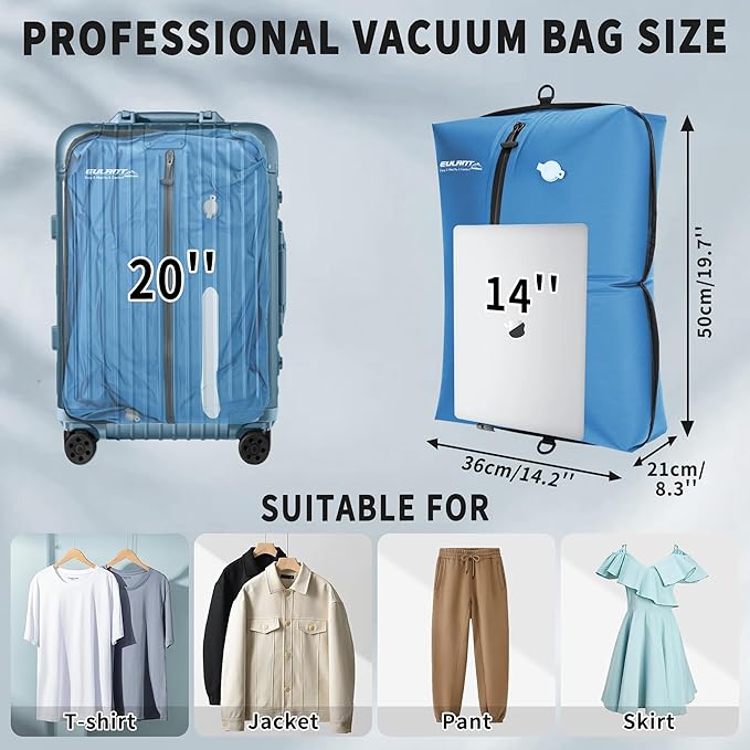 Reusable Vacuum Bags for Travel With Pump,Professional Waterproof IPX8 Vacuum Compression Bag for Suitcases Backpack,Space Saver Bags Packing Organizers for Clothing Packing(2PACK+PUMP)