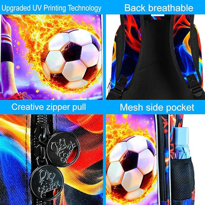 WZLVO 3PCS Soccer Bookbag for Boys, 17" Cool UV Printing Kids Backpack/School Bag with Lunch Box & Pencil Bag for Elementary to Middle - Flaming Soccer Kick