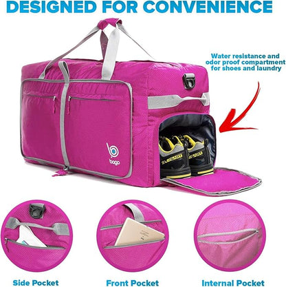 Bago Large Foldable Duffel Bags for Traveling Women & Men - 120L Packable Duffle Bag for Travel with Shoe Compartment - Water Repellant, Heavy Duty, Lightweight Folding & Collapsible (Pink)