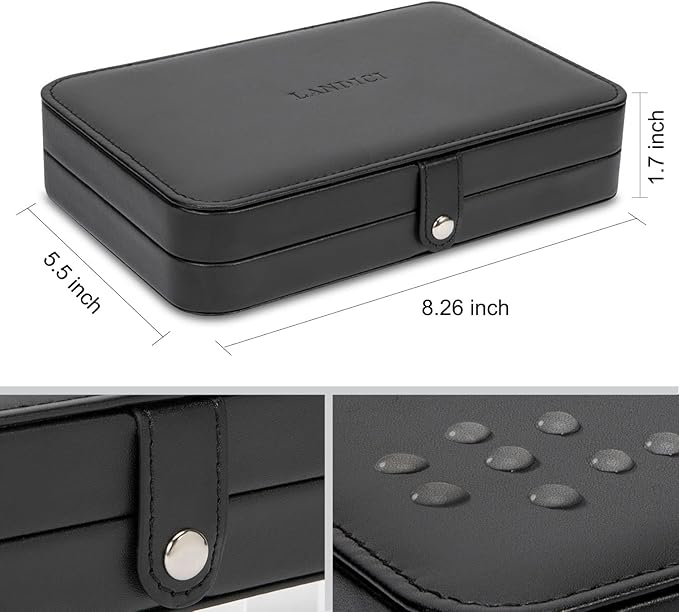 LANDICI Small Jewelry Box for Women Girls, PU Leather Travel Jewelry Case, Portable Jewelry Organizer Storage Holder Display for Ring Earrings Necklace Bracelet Bangle Men Kids Gift, Black