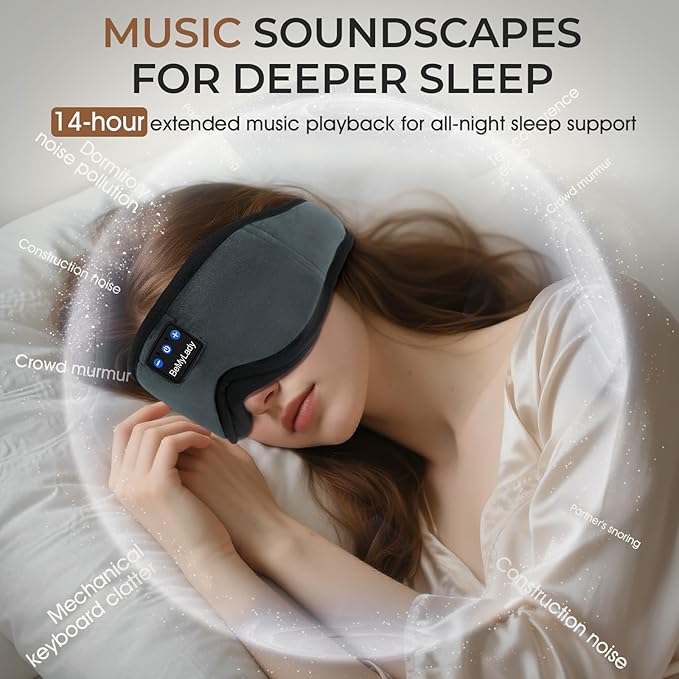 Sleep mask Headphones,100% Blackout 3D Zero Eye Pressure Bluetooth Sleep mask Breathable Eye mask with Bluetooth Headphones Sleep Headphones for Side Sleepers, 14H Playtime&Bluetooth 5.4 Grey