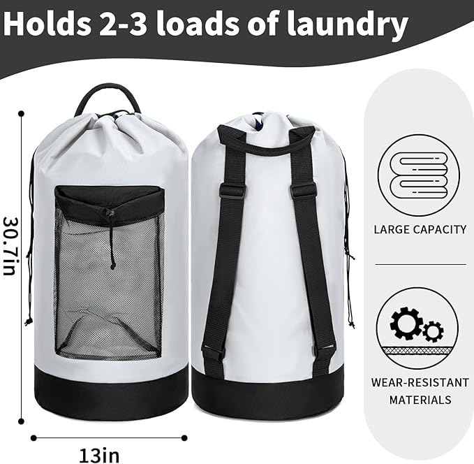 Laundry Bag Backpack with Shoulder Straps and Mesh Pocket Foldable Clothes Hamper Bag with Drawstring Closure for College, Apartment, Laundromat (White)