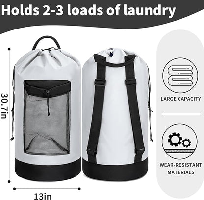 Laundry Bag Backpack with Shoulder Straps and Mesh Pocket Foldable Clothes Hamper Bag with Drawstring Closure for College, Apartment, Laundromat (White)