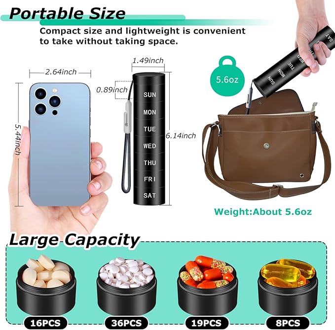Aluminium Travel Pill Organizer,Weekly Metal Pill Case,Pill Holder, Moisture Proof Waterproof Daily Pill Box 7 Day, Large Pill Container to Hold Vitamins,Medication,Supplements【Black】