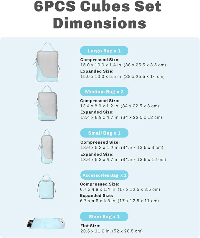 Hynes Eagle 6 Set/ 4 Set/ 2 Set Compression Packing Cubes Travel Essentials Lightweight Nylon Luggage Suitcase Organizer Bag Light Blue 6PCS