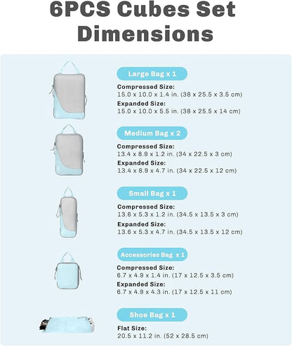 Hynes Eagle 6 Set/ 4 Set/ 2 Set Compression Packing Cubes Travel Essentials Lightweight Nylon Luggage Suitcase Organizer Bag Light Blue 6PCS