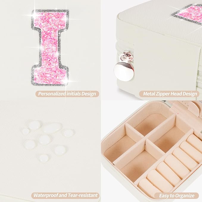 Personalized Jewelry Case for Women Girls - Fashion Mini Jewelry Boxes - Trendy Travel Jewelry Organizer with Initials Letter - Teen Gifts | Cream,I