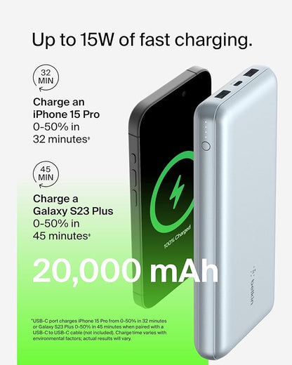 Belkin Portable Charger, USB-C Power Bank 20000 mAh w/ 2 USB-A Ports, 15W w/Type-A to Type-C Cable for iPhone 17, Air, Samsung Galaxy S25, iPad, Nintendo Switch 2, Google Pixel 10, etc. - Pearl Blue