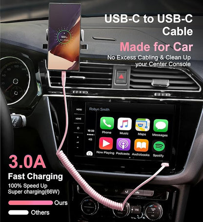 USB C to C Cable 3FT for Car, Coiled USB C Fast Charging Cable for iPhone 17/16/15, 2Pack Type C Cord for iPhone 15/Plus/Pro/Pro Max/Samsung Galaxy S23-Pink