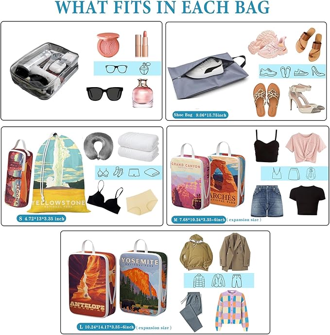 Compression Packing Cubes for Travel, 8 Set National Park Luggage Organizers, Waterproof Expandable/Compression Bags Travel Packing Cubes with Clear Toiletry Bag and Shoe Bag