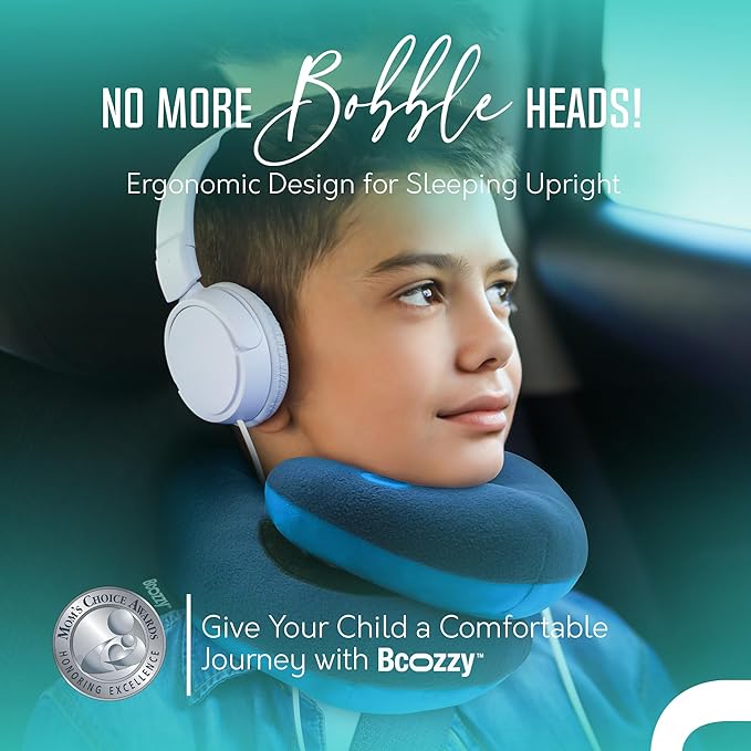 BCOZZY Kids Chin Supporting Travel Pillow for Ages 8–12- Patented Soft Neck Pillow for Head and Chin Support in Car Seat and Airplane. Comfortable Travel Essential. Small Size, Bag, Light Blue