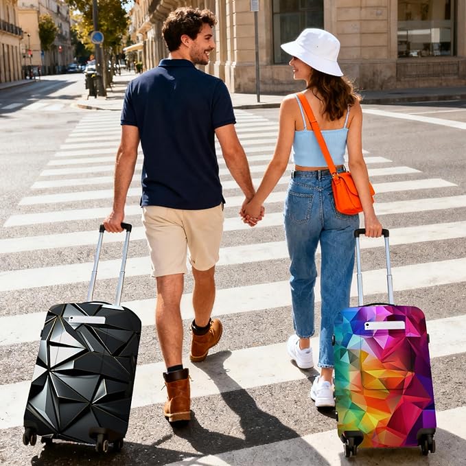 Black Geometry Travel Luggage Cover, Travel-Themed Suitcase Protector Stretchable, Washable Travel Suitcase Cover (M for 22-24 Inch Luggage)