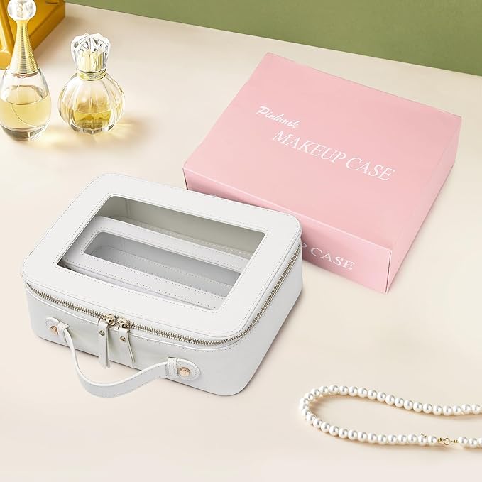 Pinkmik Clear Makeup Bag with Brush Bag 2pcs Waterproof Travel Case for Cosmetics and Toiletries Women's Cosmetic Organizer with Zipper (White, L+SLIM)