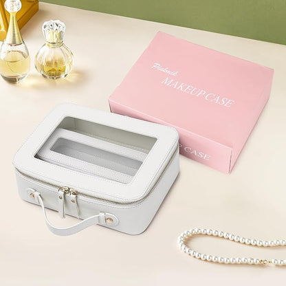 Pinkmik Clear Makeup Bag with Brush Bag 2pcs Waterproof Travel Case for Cosmetics and Toiletries Women's Cosmetic Organizer with Zipper (White, L+SLIM)