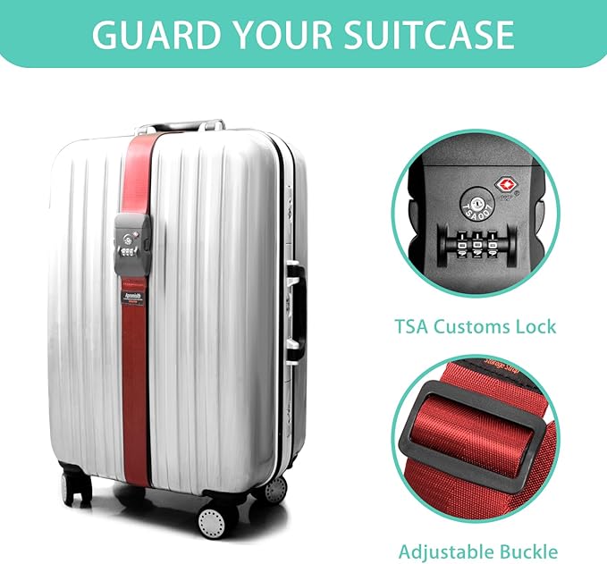 Luggage Strap Belt for 20"-32" Suitcase with TSA Approved 3-Dial Combination Lock Wide Adjustable Packing Straps Travel Accessories, Red