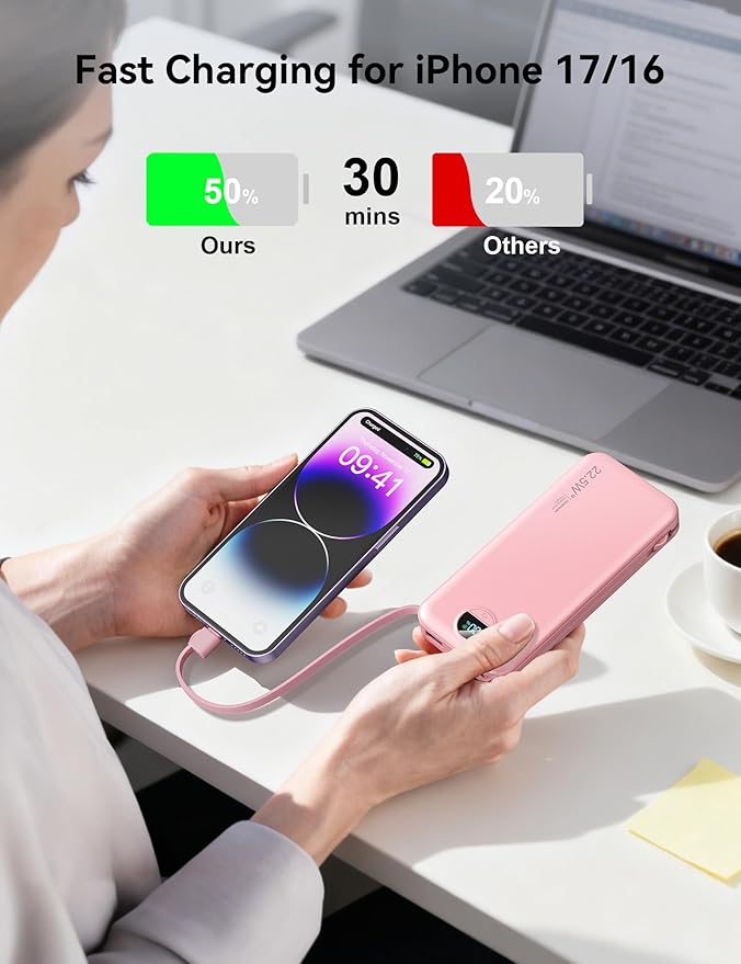 12000mAh Ultra-Portable-Charger-Power-Bank with Built in Cables&AC Wall Plug,PD20W USB-C Fast Charging Cell Phone Charger Battery Pack,LED Display Travel Battery Bank for All iPhone,Samsung,Android