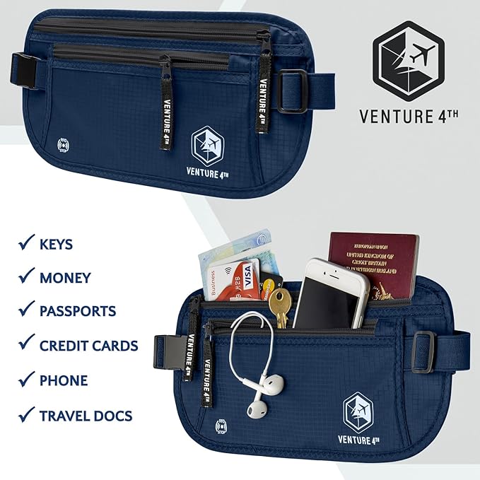 VENTURE 4TH Travel Money Belt - Slim Passport Holder RFID Blocking Travel Pouch to Protect Cash, Credit Cards and Travel Documents (Navy Blue)