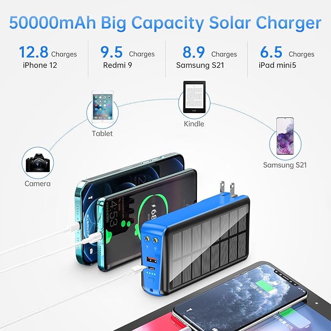 Portable Charger with Built in Cable and Wall Plug 50000mAh PD30W Fast Charging Solar Power Bank with 5 Output & 2 Input Dual LED Flashlights Phone Holder External Battery Pack (Blue)