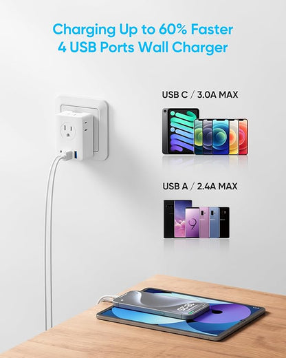 European Travel Plug Adapter, Detachable Adapter Type C/G/E/F Plug, 4 AC Outlets, 4 USB Ports (2 USB C), EU UK Germay France Greece Travel Plug Adapter