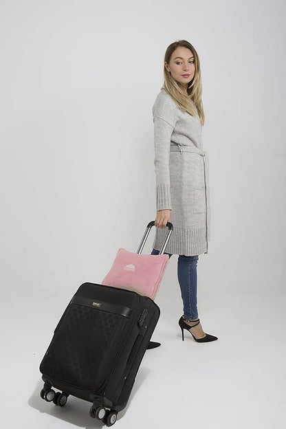 BlueHills Premium Soft Travel Blanket Pillow Airplane Blanket in Soft Bag case with Hand Luggage Belt and Carabiner Compact Pack Large Cozy Portable for Plane Car Train Transit Light Pink T020