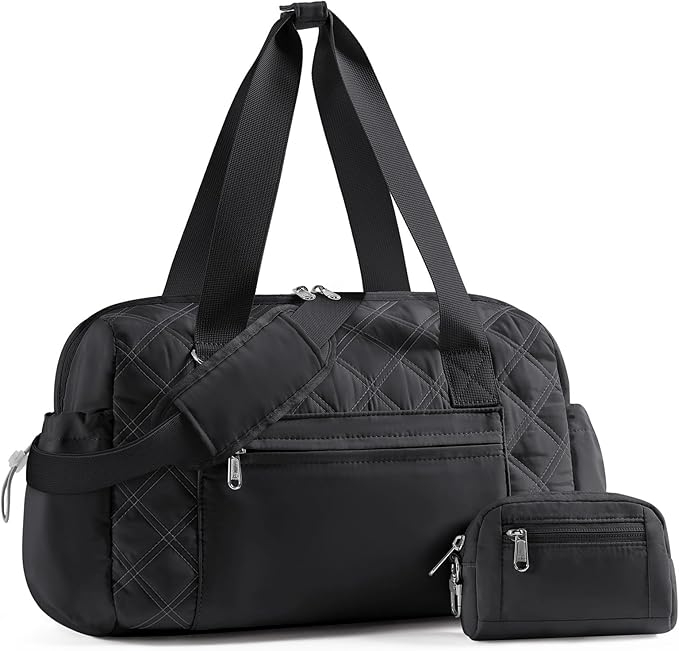 Kookoomia Small Gym Bag for Women, Mini Sports Duffle Bag for Workout Dance Ballet Yoga Gymnastics, Quilted Lightweight Puffer Travel Tote with Detachable Coin Purse & Wet Pocket, Black