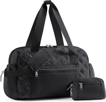 Kookoomia Small Gym Bag for Women, Mini Sports Duffle Bag for Workout Dance Ballet Yoga Gymnastics, Quilted Lightweight Puffer Travel Tote with Detachable Coin Purse & Wet Pocket, Black