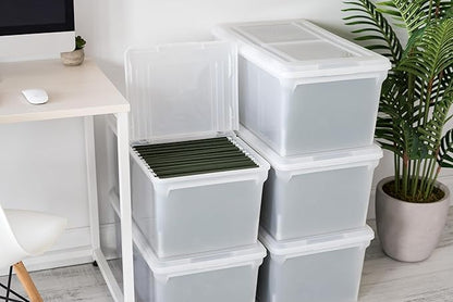 IRIS USA File Box File Organizer w/ Hinged Split Latching Lid for Letter/Legal File, Water Resistant Document Box, BPA-Free, Plastic Storage Bin Tote Organizer, Stackable, Nestable, Clear 44 Qt. 5Pack
