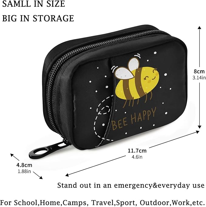 Fustylead Bee Happy Pill Organizer Case Zipper for Purse with Removable Weekly Pill Box for Medicine, Vitamin, Supplement Medicine Organizer