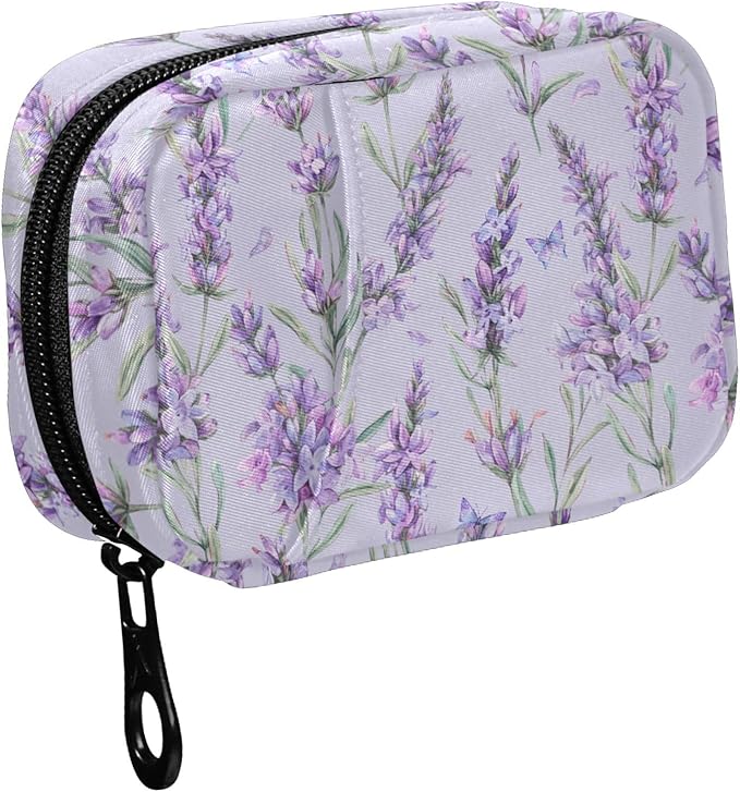 Fustylead Watercolor Vintage Lavender Flowers Travel Pill Organizer Case Zipper for Purse with Removable Weekly Pill Box for Medicine, Vitamin, Supplement Medicine Organizer
