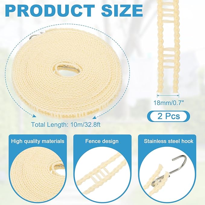 uxcell 2 Pcs Portable Travel Clothesline, 32.8ft Clothes Line Outdoors Travel Hanger Foldable Clothesline Rope with Hooks for Camping Hotel Backyard Home Cruise Ship, Beige