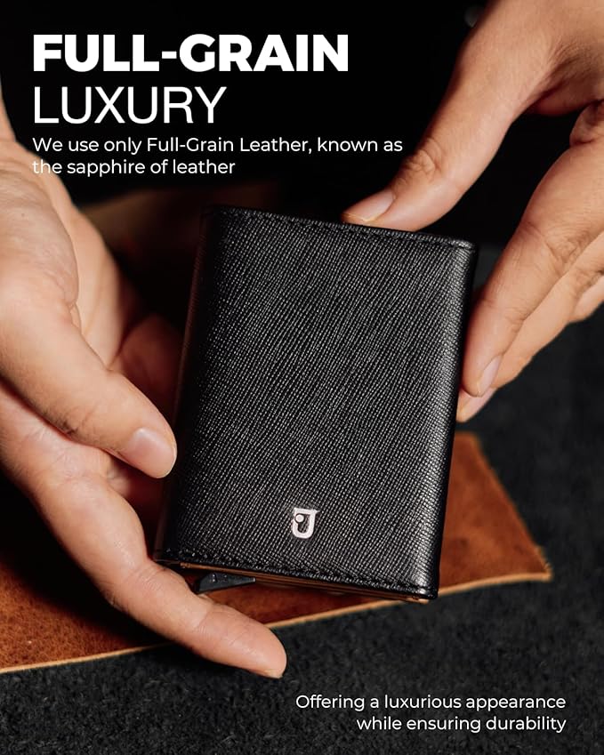 Jenoss Smart Wallet For Men: Full Grain Leather, Handcrafted, Slide Metal Pop Up Case, Slim RFID Blocking Credit Card Holder, Minimalist Compact 12 Cards Slot Organizers ID Money Clip (Black & Brown)