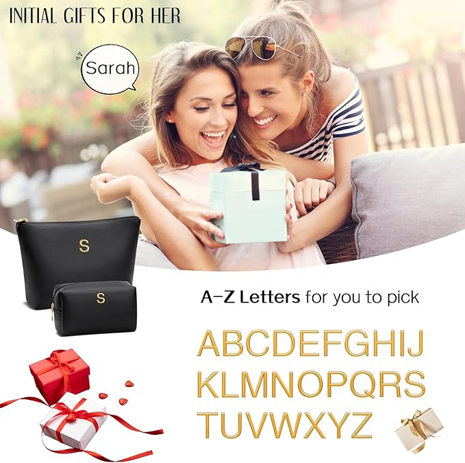 Women Gifts | Initial Makeup Bag Set for Girl Personalized Gifts for Bridesmaid Friend Graduation Teachers PU Leather Cosmetic Travel Toiletry Bag(Black,K)