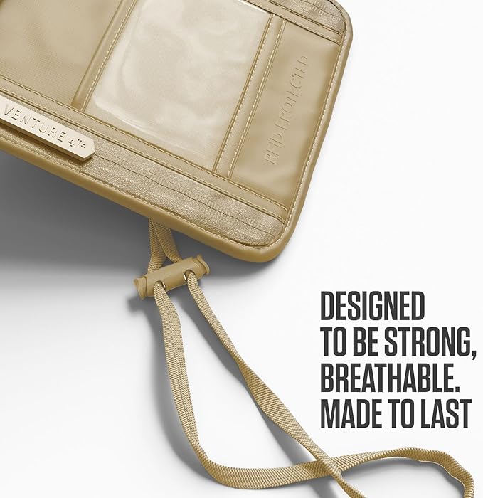 VENTURE 4TH Neck Wallet, RFID Blocking Passport Holder for Travel – Hidden Neck Pouch with 5 Compartments, Slim Lightweight Organizer with Adjustable Strap for Cash, Cards & Passport (Sleek Beige)