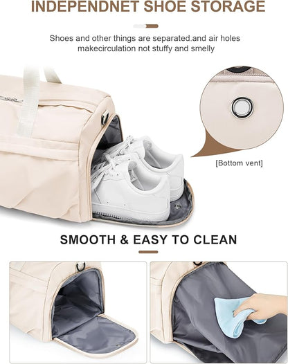 Gym Bag for Women Men, Sport Duffel Bag with Toiletry Bag & Shoe Compartment,Waterproof Travel Weekender Overnight Carry on Bag for Yoga with Trolley Sleeve, Beige Set