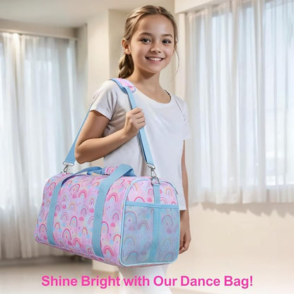 Bagseri Duffel Bags for Kids - Girls Dance Ballet Bag, Waterproof Sports Gymnastics Bag for Travel Overnight with Shoe Compartment and Dry Wet Separation Pockets (Light Purple Blue Rainbow)