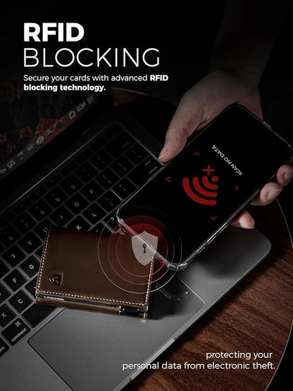 LORZOR Wallet for Men with Metal Card Holder, Pop Up Wallet, Finest Full Grain Leather Trifold Wallet, Smart, Minimalist, RFID Blocking, Front Pocket, ID Window, Brown/Grey