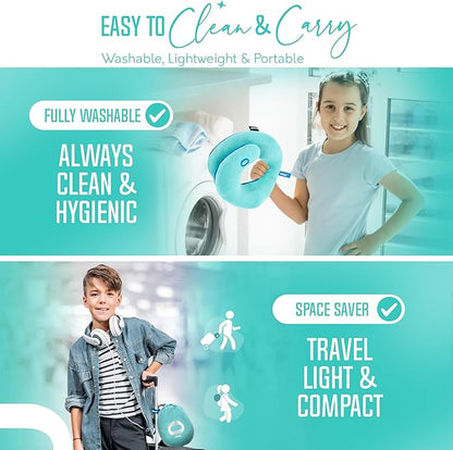 BCOZZY Kids Chin Supporting Travel Pillow for Ages 8–12- Patented Soft Neck Pillow for Head and Chin Support in Car Seat and Airplane. Comfortable Travel Essential. Small Size, Bag, Light Blue