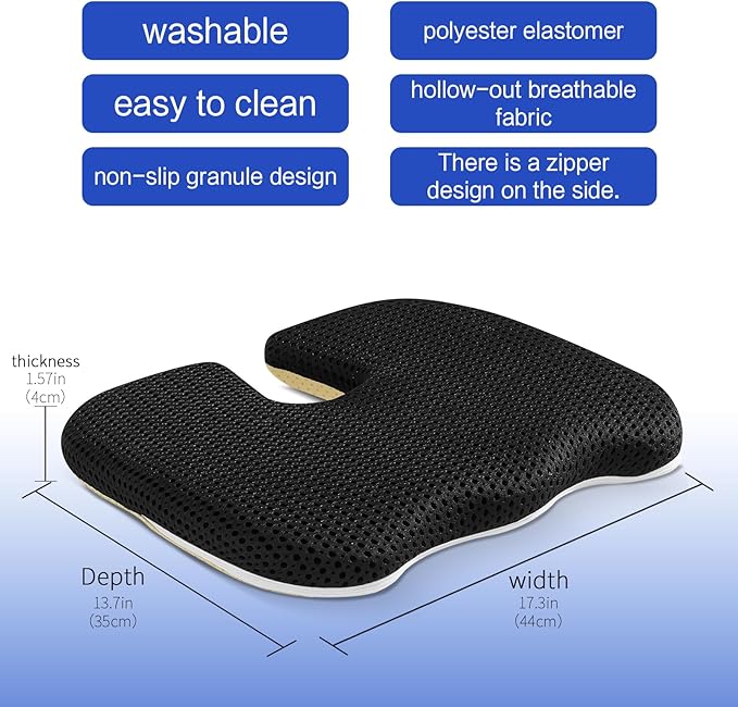 Gooo&Ma Ergonomic Seat Cushion with Air Fiber Core, Office Chair Cushion with Washable Cover & Non-Slip Base for Pressure Relief, Comfort for Long Sitting, Driving, Gaming(Black)