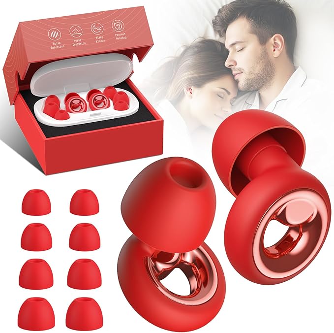 Ear Plugs for Sleeping Noise Cancelling, Soft Ear Plugs for Concert, 45dB Reusable for Noise Reduction with 8 Ear Tips, Silicone Hearing Protection Earplugs for Sleep, Work (Red)