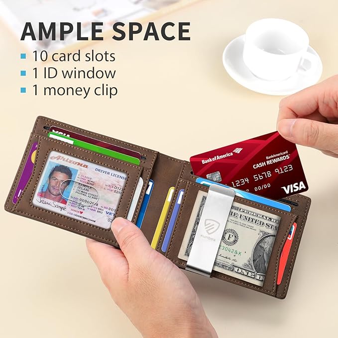 RUNBOX Mens Slim Wallet with Money Clip RFID Blocking Bifold Credit Card Holder for Men with Gift Box