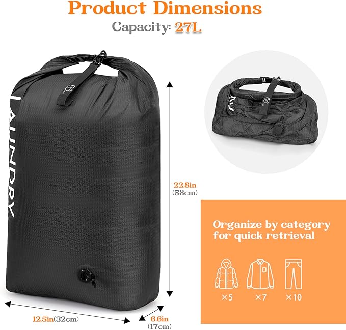 Compression Laundry Bag for Travel, Dirty Clothes Travel Laundry Bag, Waterproof Space-Saving Wet Clothes Storage Organizer, Smell Proof Laundry Bags Camping, Clothing, Swimming, Yoga, Gym